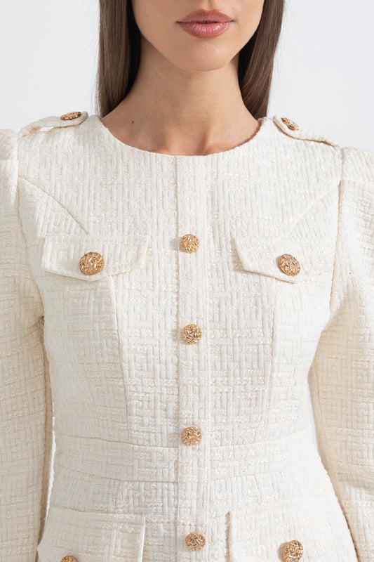 Mini Dress With Front Pockets And Gold Buttons  - Ivoire
