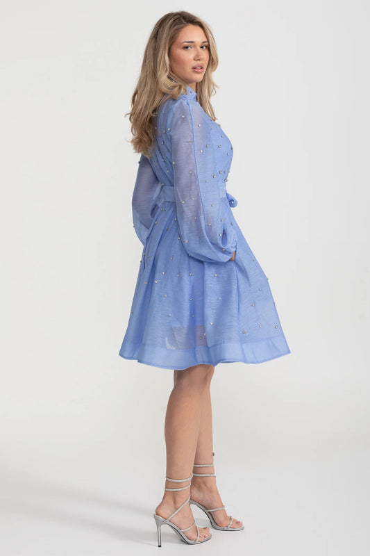 Long Sleeve Mini Dress with Crystal Embellishments - Blue