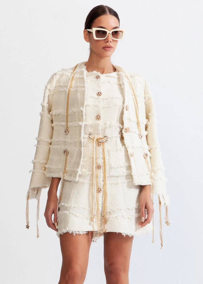 Tweed Blazer With Golden Chains And Pearls - Beige