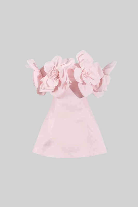 Off-Shoulder Mini Dress with Oversized Floral Appliqués - Pink