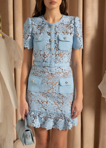 Short Sleeve Lace Floral Dress With Belt - Blue