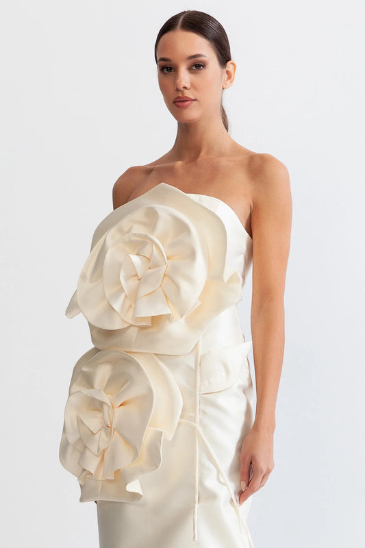 3D Sculpted Flowers Midi Dress - Ivoire