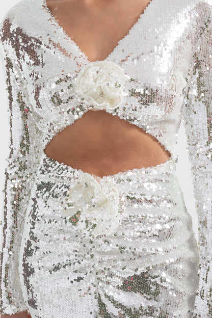 Sparkling Sequin Dress with Front Cut-Out - Silver