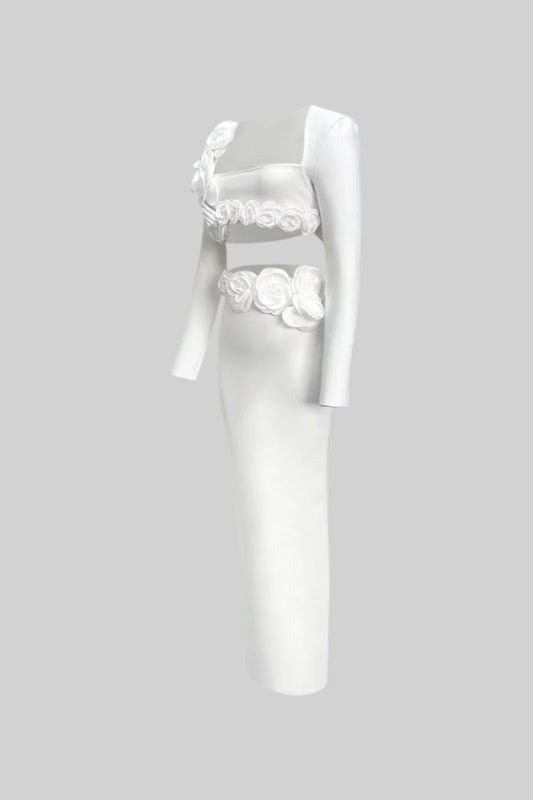 Two Piece Set With 3D Flower Embellished Top and Coordinated Maxi Skirt - White