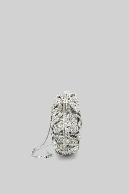 Crystal Adorned Clutch Bag With Floral Detailing - Silver