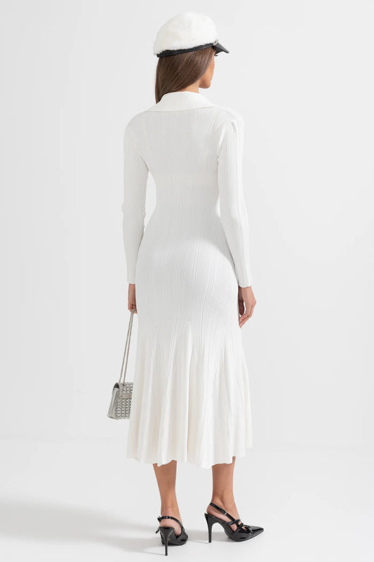 Sophisticated Long Sleeved Ribbed Dress - White