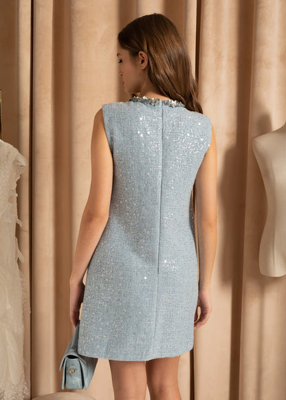 Textured Mini Dress With Silver Sequin Collar Detailing  - Blue