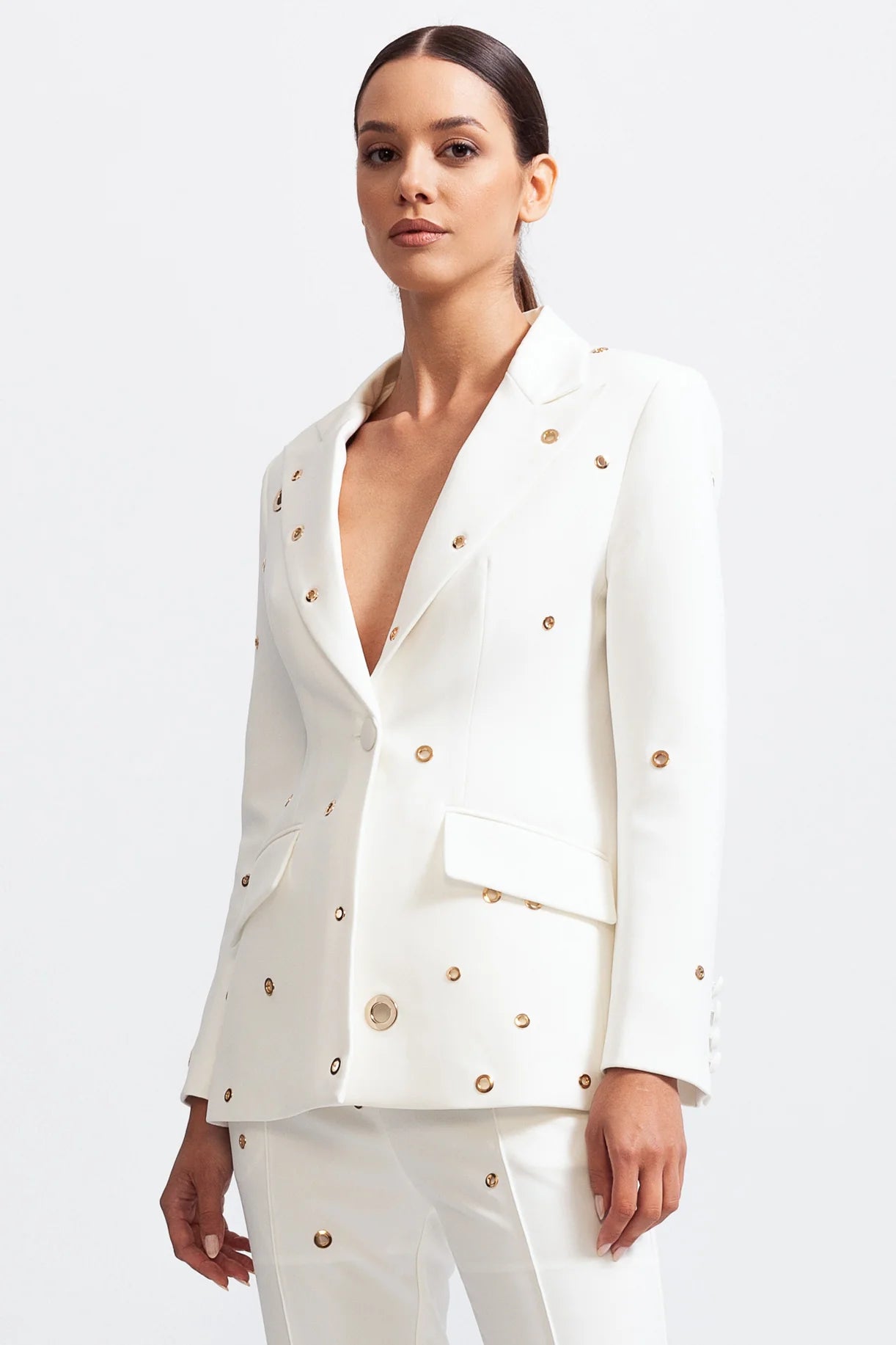Elegant Two Piece Ensemble With Metallic Details - White