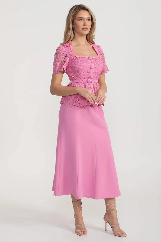 Lace Bodice Set With Peplum Detail And Midi Skirt - Pink