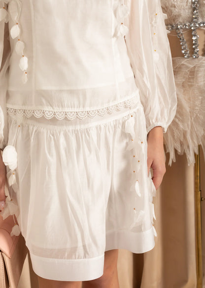 Flower Co-Ord With High Neckline, Lace And Adornments - White
