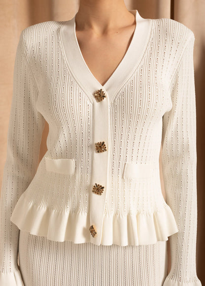 Knit Jacket With Ruffled Hemline & Matching Flared Skirt Set - White