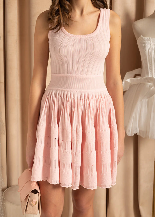 Fitted Dress With Ribbed Texture And Pleated Mini Skirt - Pink