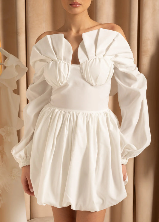 Mini Dress With Shell Shaped Bustier And Ruffled Sleeves - White