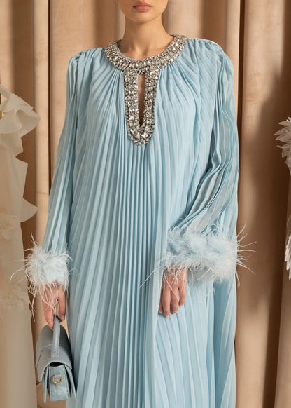 Elegant Ribbed Dress With Fluffy Cuffs And Sparkling Neckline Adornments - Baby Blue