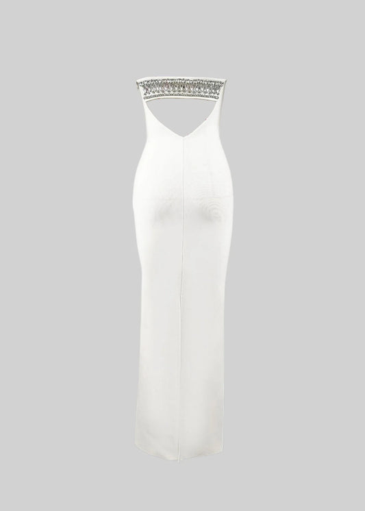 Elegant Strapless Dress With Front Cutout And Crystal Detailing - White