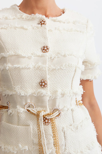 Tweed Dress With Golden Chains And Pearls - Beige