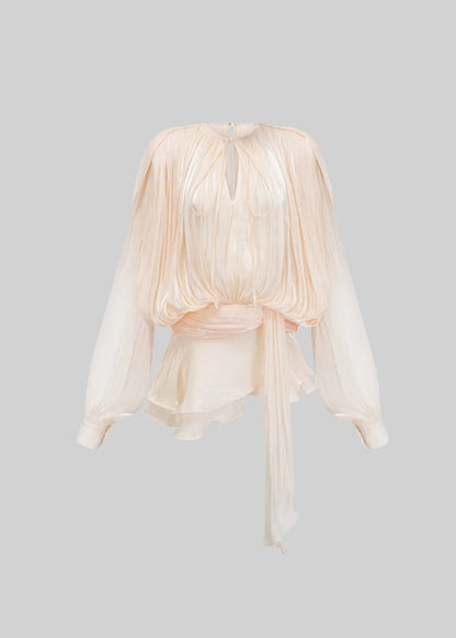 Flowing Long-Sleeved Mini Dress with Matching Waistband - Apricot