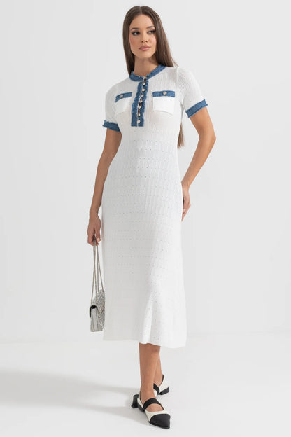 Textured Knit Midi Dress With Blue Details - White