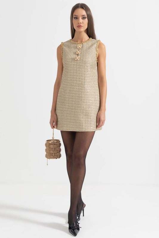 Textured Mini Dress With Golden Detailing And Buttons - Gold