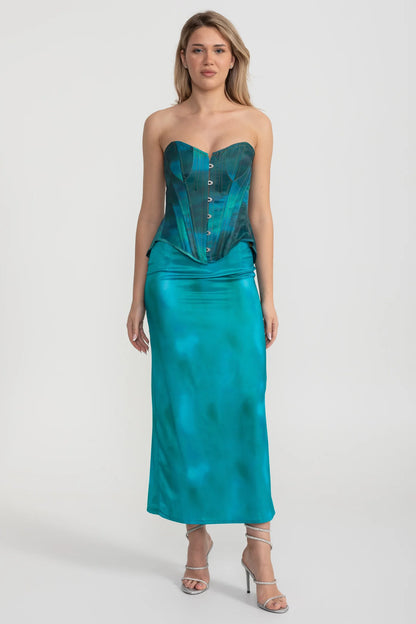 Strapless Corset Satin Set With Front Button Detail And Matching Skirt - Turquoise