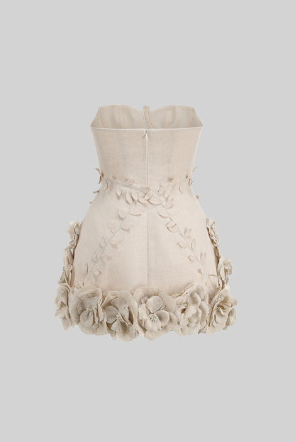 Mini Bustier Dress With 3D Floral Details - Ivoire