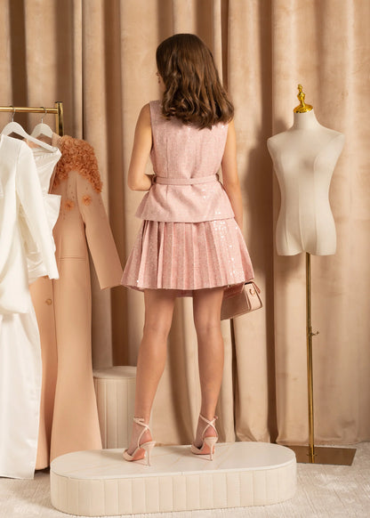 Textured Dress With Waistbelt And Pleated Mini Skirt - Pink
