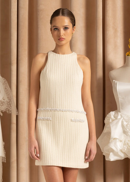 Elegant Sleeveless Textured Mini Dress- Ivoire