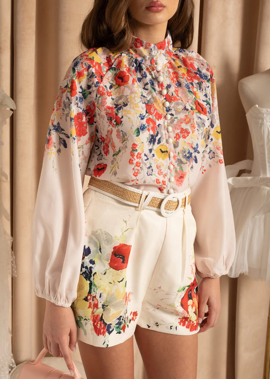 Floral Ensemble With Long Sleeves Shirt And Matching High-Waisted Shorts - White