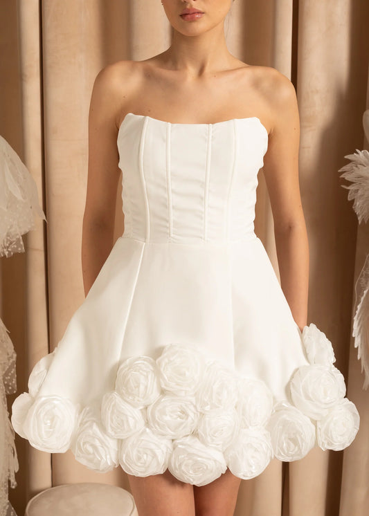 Sleeveless Fitted Mini Dress With 3D Roses On Hem - White