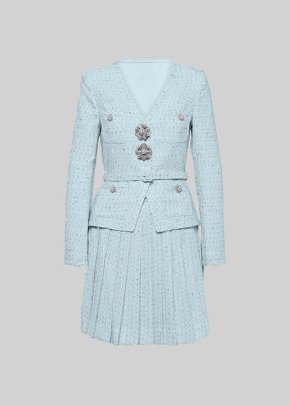 Elegant Knitted Two Piece Co-Ord With Pleated Mini Skirt - Blue