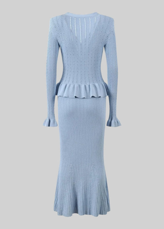 Knitted Cardigan And Flared Skirt Matching Set - Baby Blue