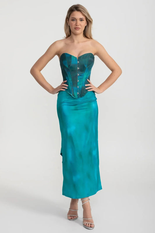 Strapless Corset Satin Set With Front Button Detail And Matching Skirt - Turquoise