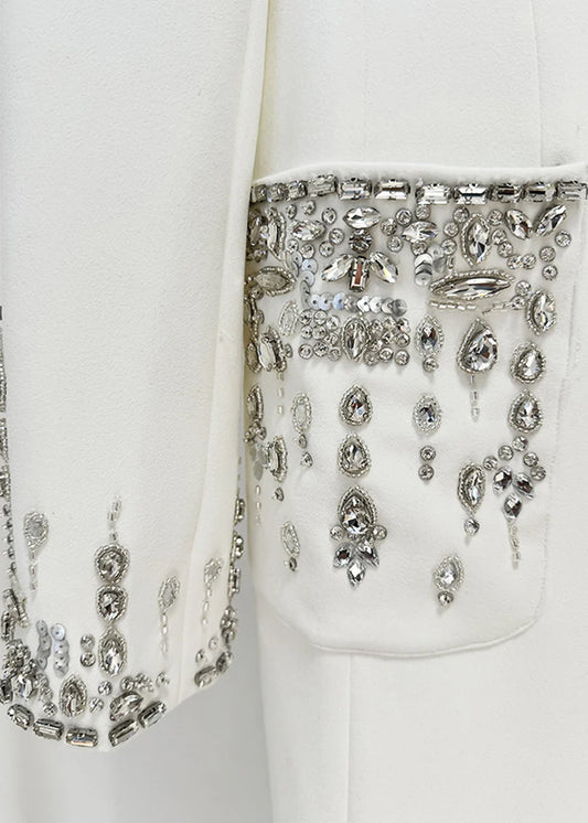 Long Silhouette Dress With Lapels And Crystal Detailing - White