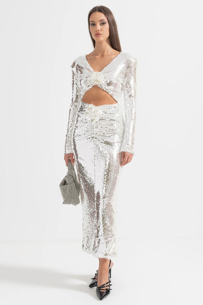 Sparkling Sequin Dress with Front Cut-Out - Silver