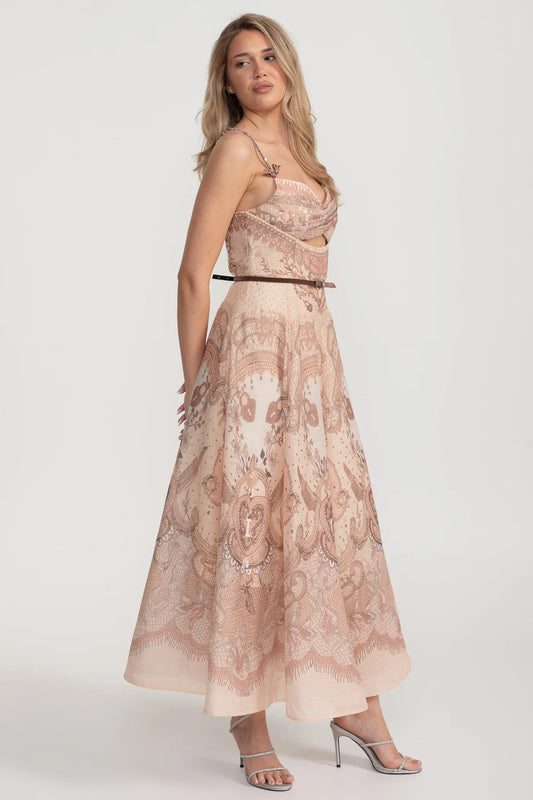 Printed Cutout Corset Maxi Dress With Black Waistband - Brown