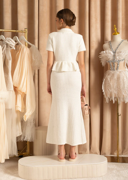 Knitted Midi Dress With Gold Buttons And Peplum Waist - White