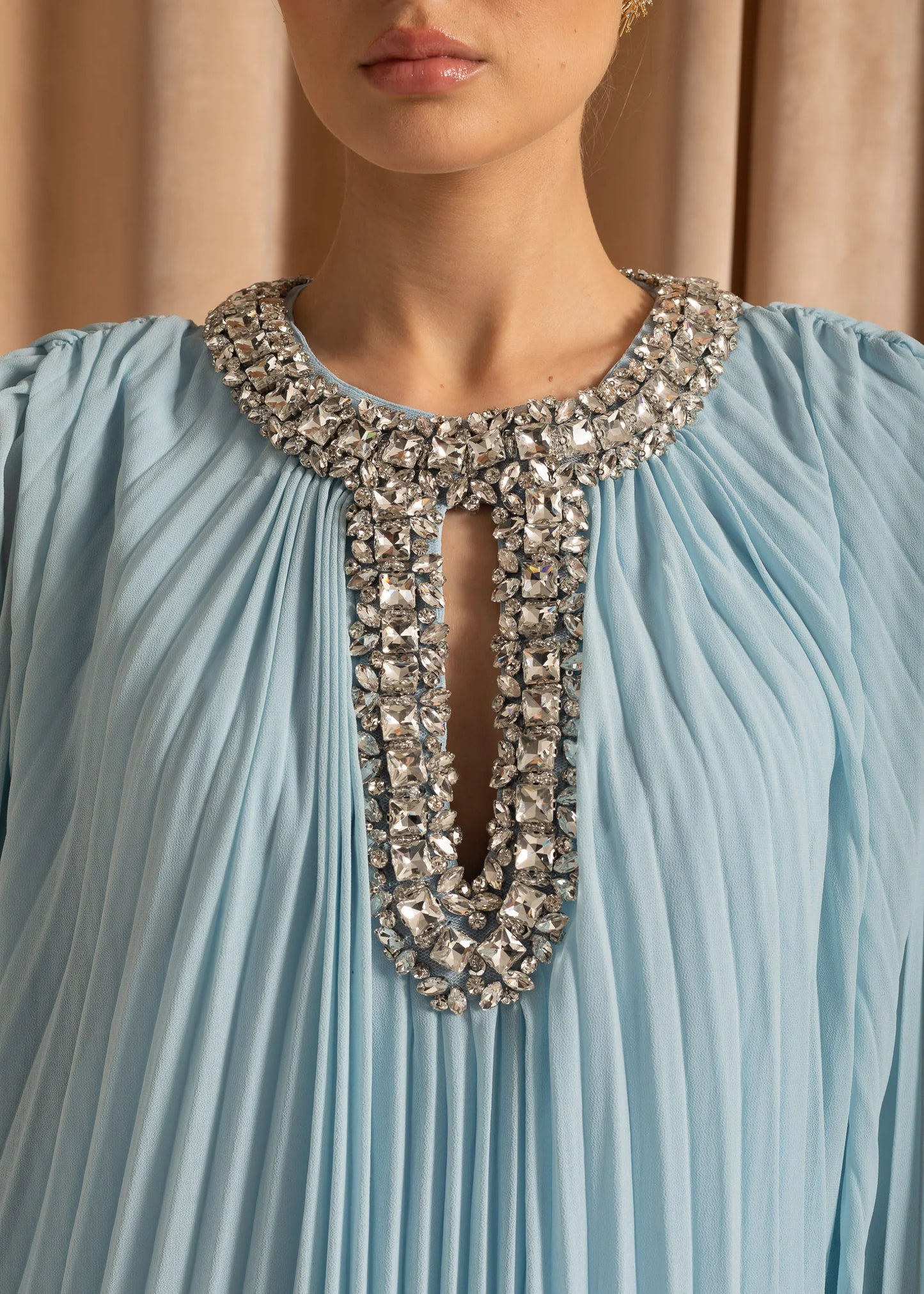 Elegant Ribbed Dress With Fluffy Cuffs And Sparkling Neckline Adornments - Baby Blue