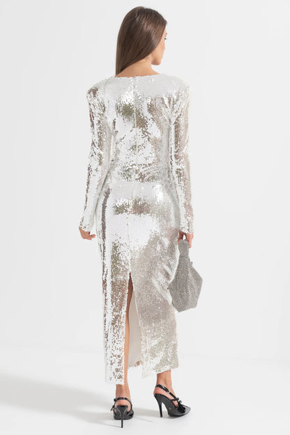 Sparkling Sequin Dress with Front Cut-Out - Silver