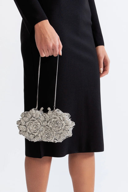 Crystal Adorned Clutch Bag With Floral Detailing - Silver
