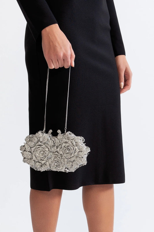 Crystal Adorned Clutch Bag With Floral Detailing - Silver