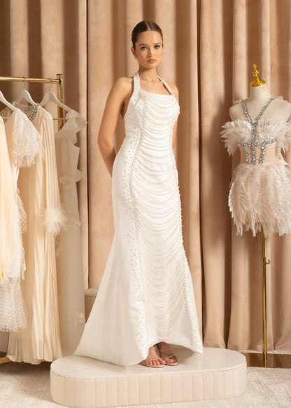 Exquisite Satin Evening Gown With Pearls - White
