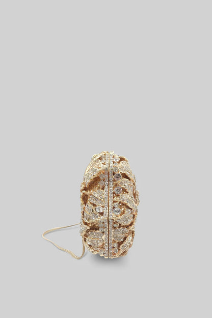 Crystal Adorned Clutch Bag With Floral Detailing - Gold