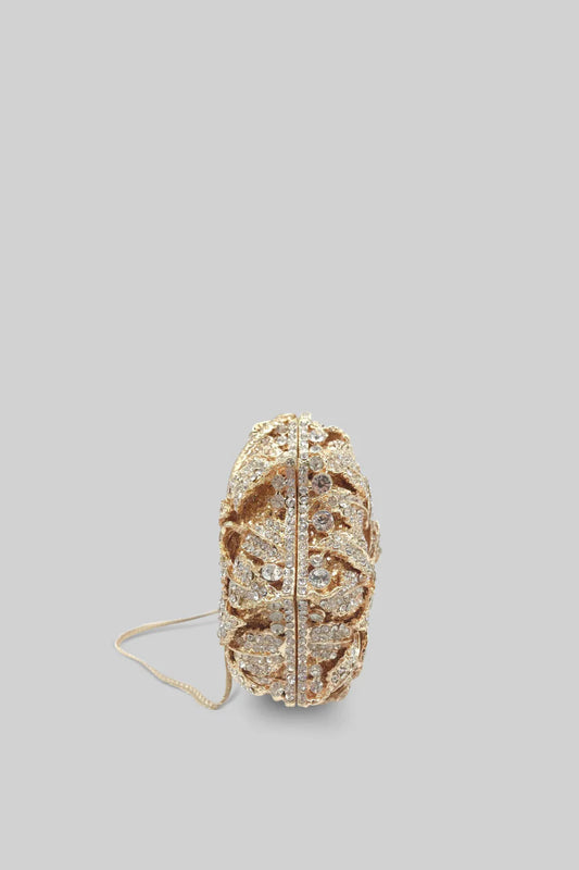 Crystal Adorned Clutch Bag With Floral Detailing - Gold