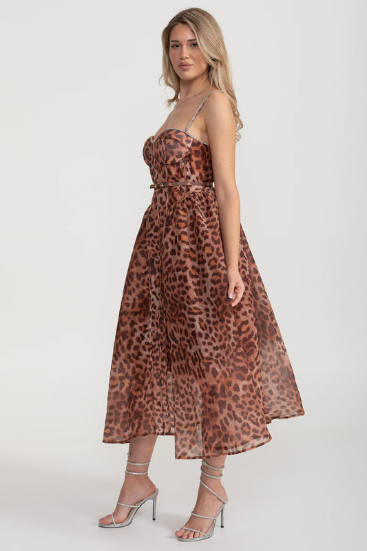 Leopard Print Midi Dress With Corset Bodice- Brown