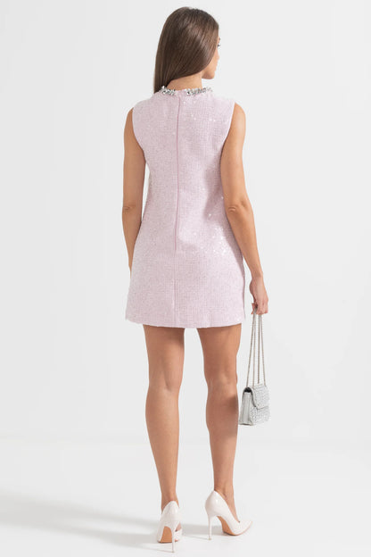 Textured Mini Dress With Silver Sequin Collar Detailing  - Pink
