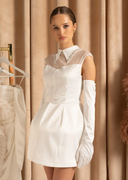 Sleeveless Fitted Mini Dress with Coordinating Long Gloves  - White