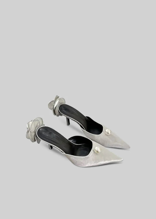 Satin Sandals with Back Flower Detail And Pearl - Silver