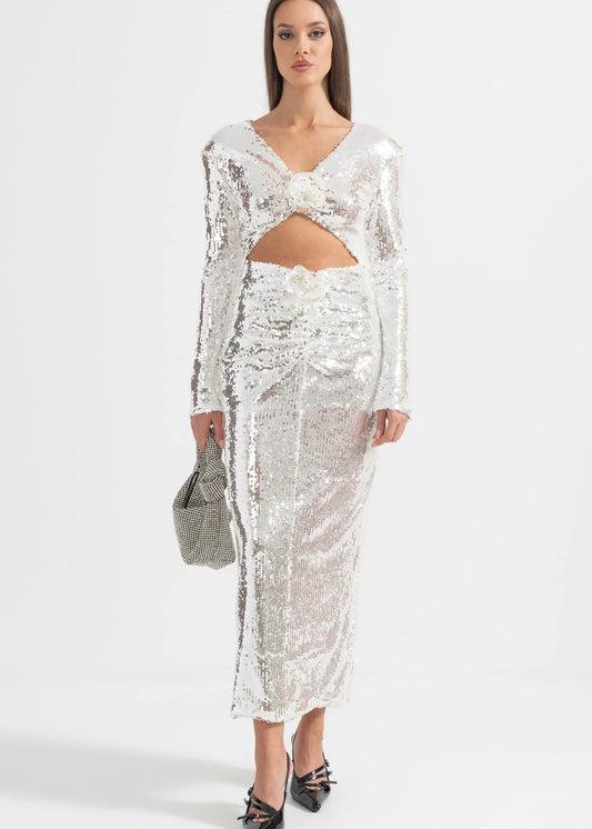 Sparkling Sequin Dress with Front Cut-Out - Silver