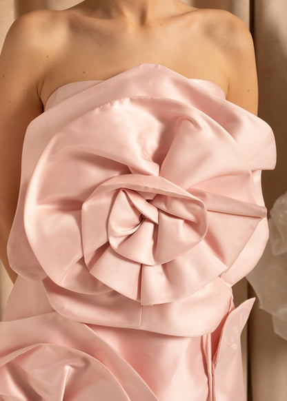 Satin Mini Dress With Oversized 3D Flowers - Light Pink