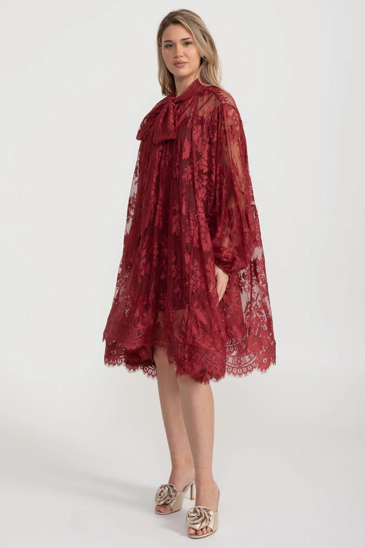 A-Line Lace Dress with Bow Tie Neck – Burgundy